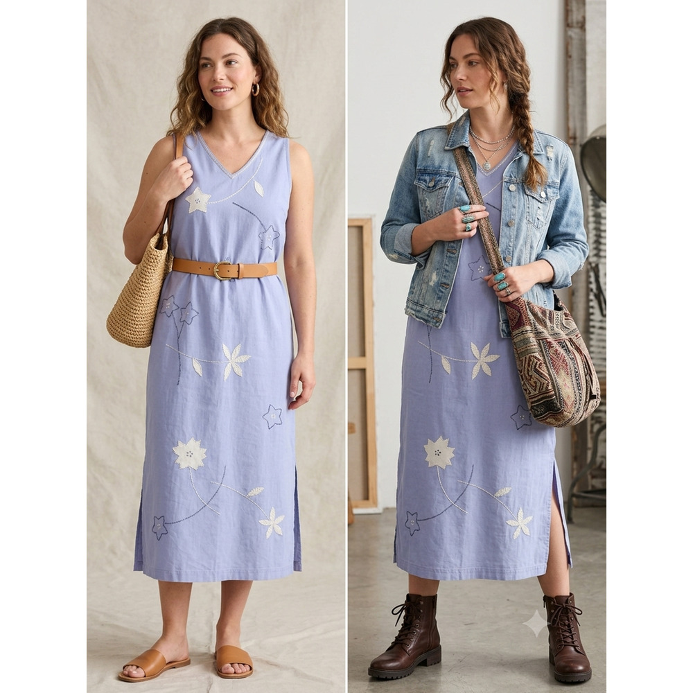 Periwinkle Cotton Linen Midi Dress hand Embroidered Lagenlook Coastal Cowgirl-L
